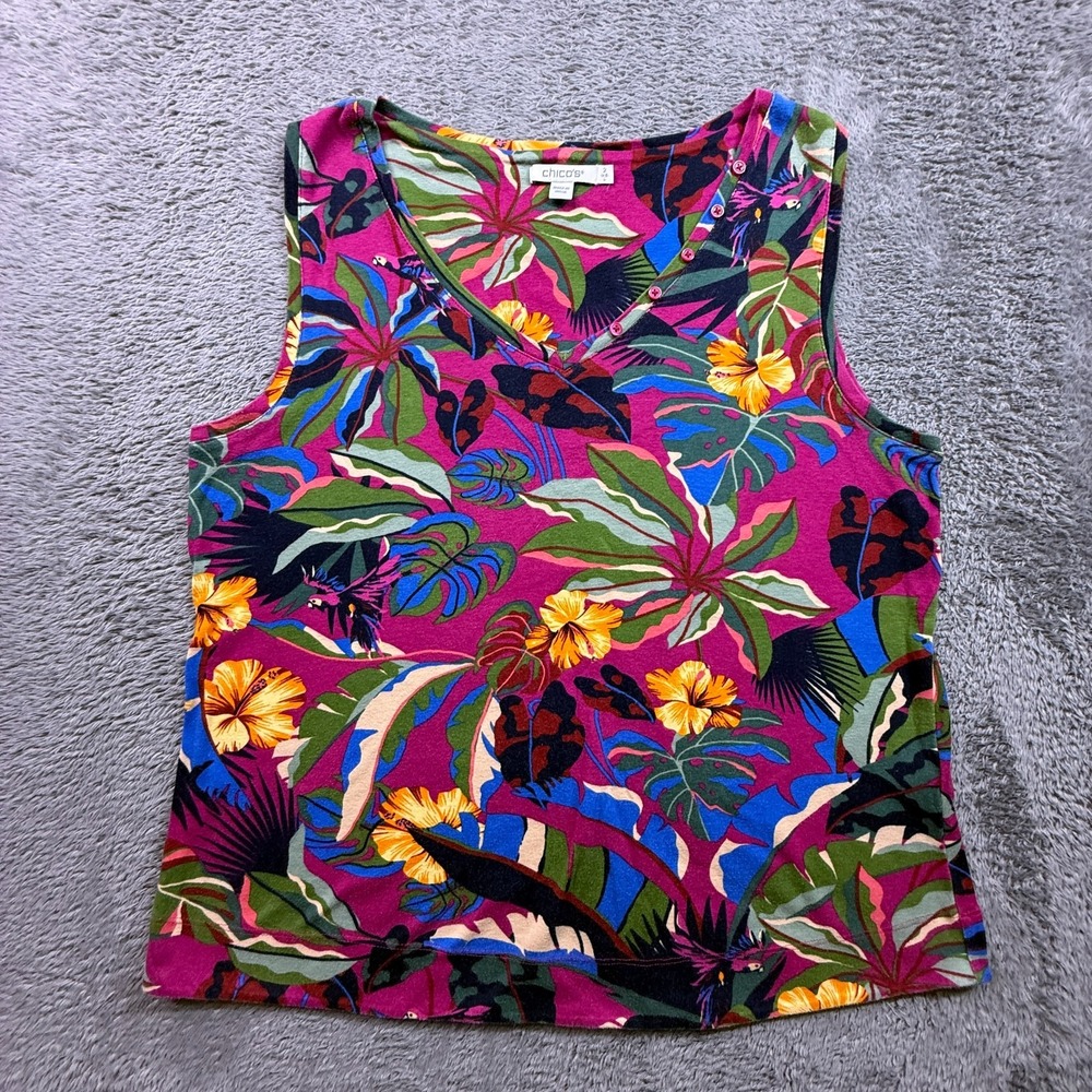 Chico's Womens 2 Tropical Rain Forest Leaves Parrot Pink Tank Sleeveless Top